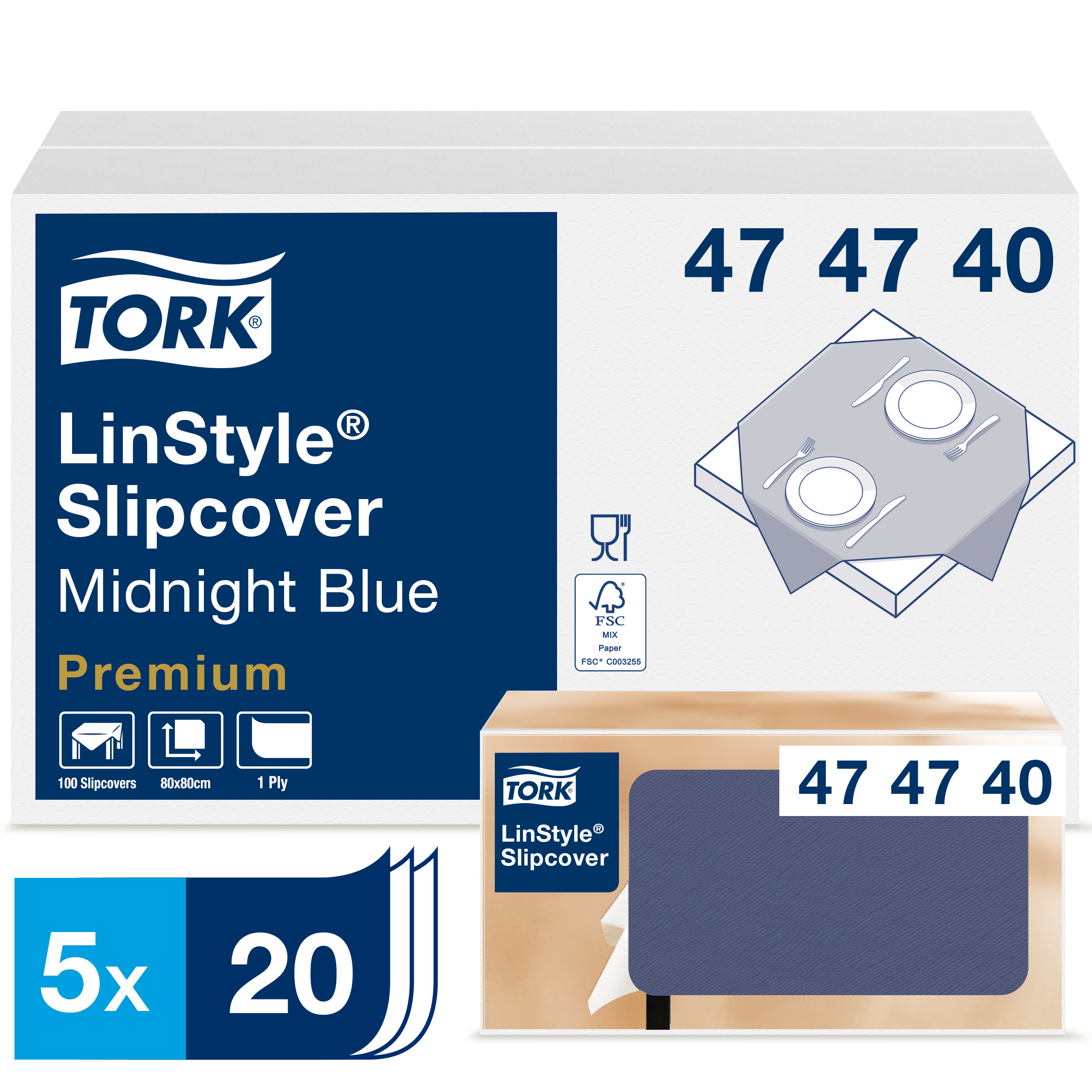 Скатерти Tork LinStyle, Premium,  1 сл, 20 листов, 80х80 см, темно-синие