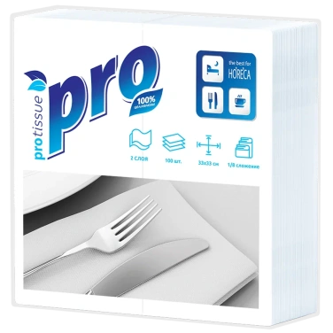 Детальное фото товара: Салфетки бумажные PROtissue Premium двухслойные 1/8 сложения белые 100листов в упаковке